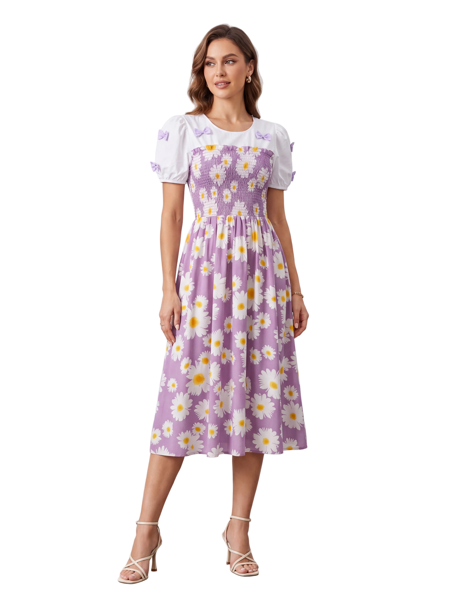 Daisy Print Bow-Accent Midi Dress