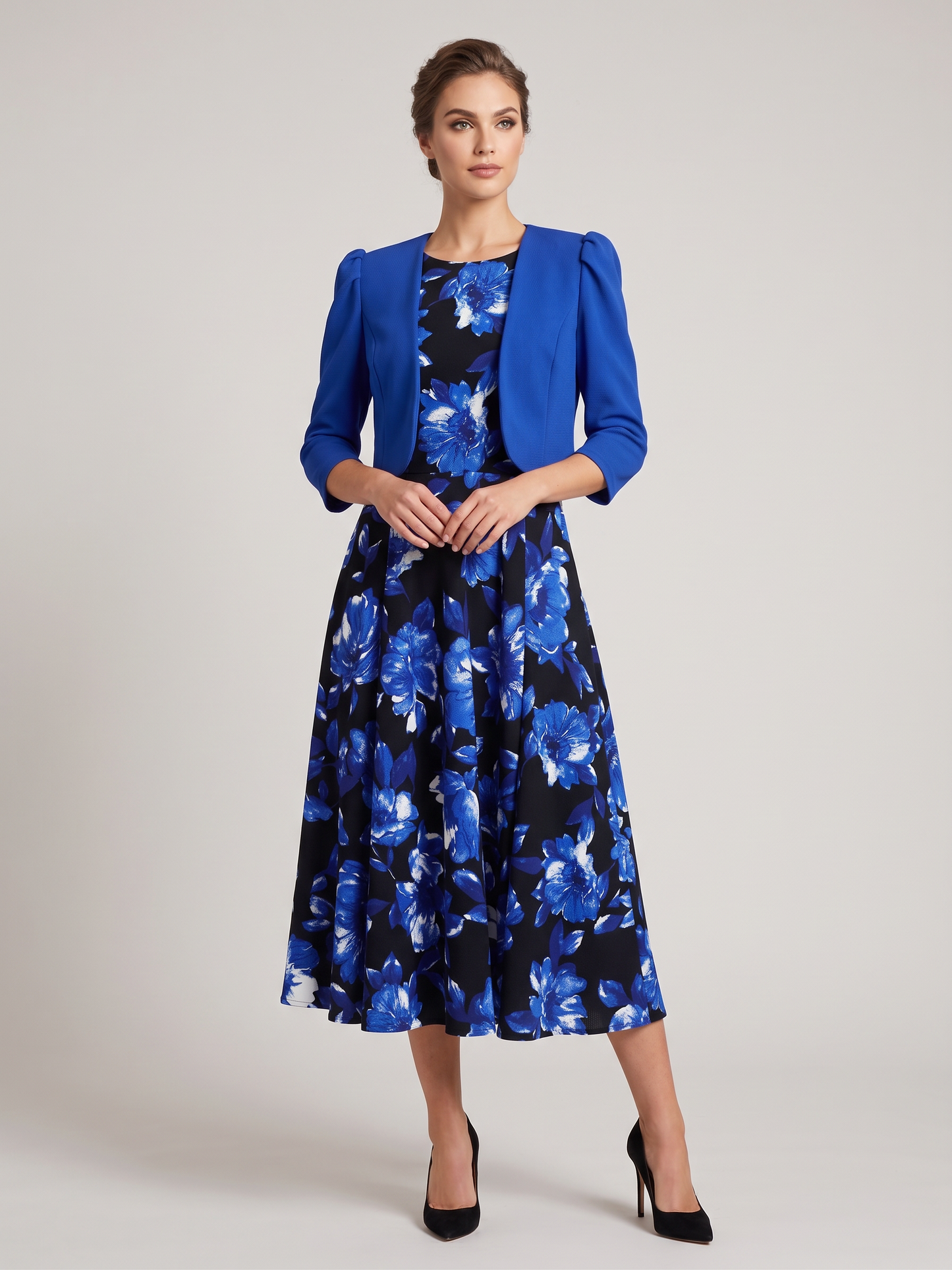 Floral Maxi Dress with Puff-Sleeve Cropped Jacket