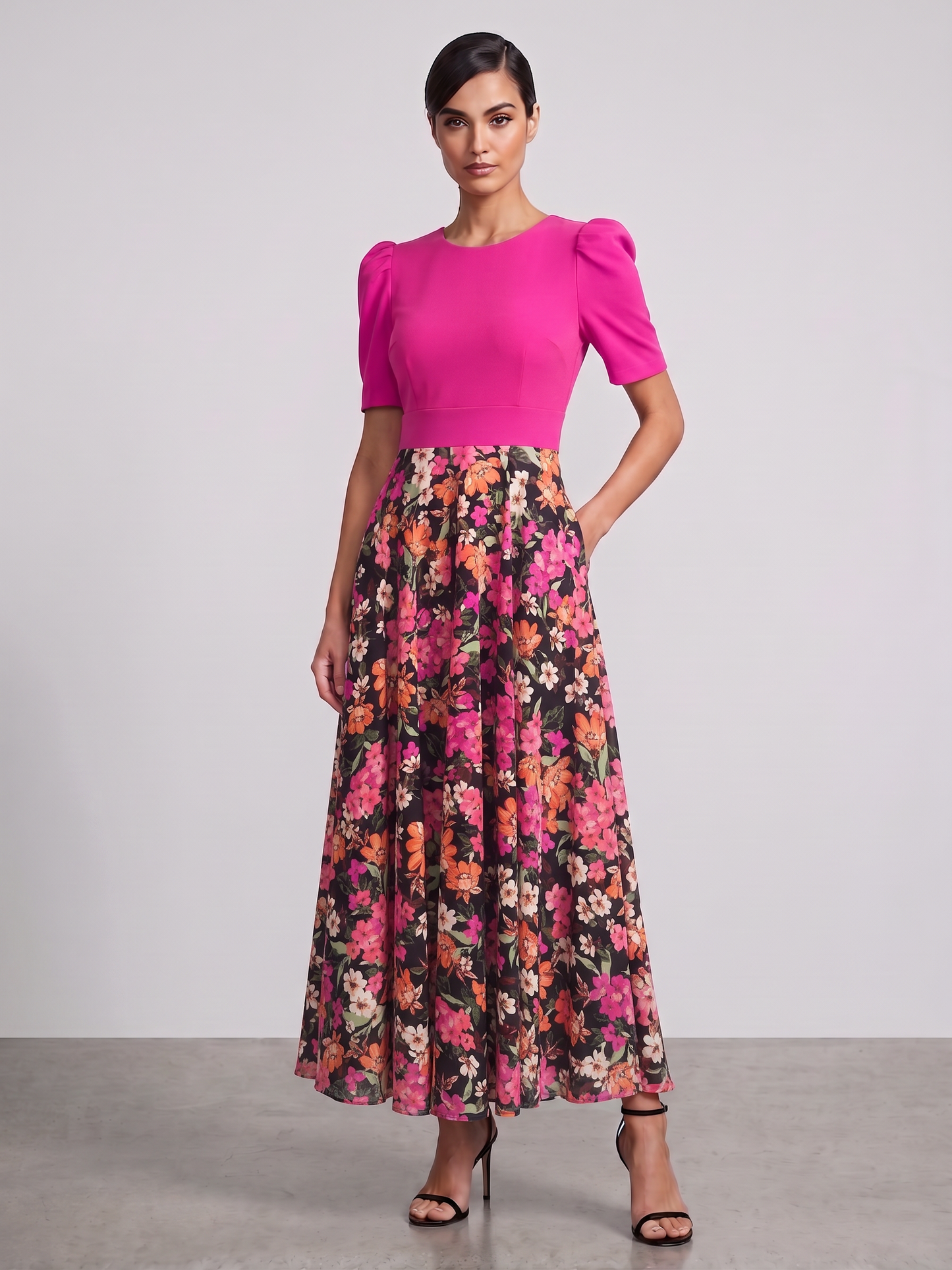Puff-Sleeve Floral Maxi Dress with Shoulder Tie Accent