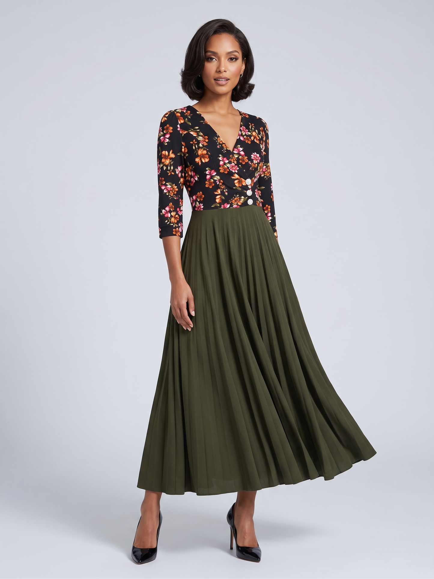 Floral Wrap-Style Top Pleated Maxi Dress
