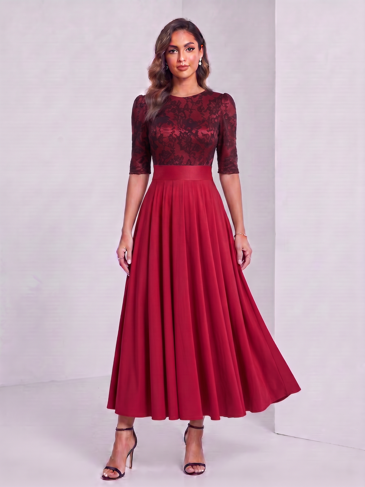 Long-Sleeve Pleated Maxi Dress
