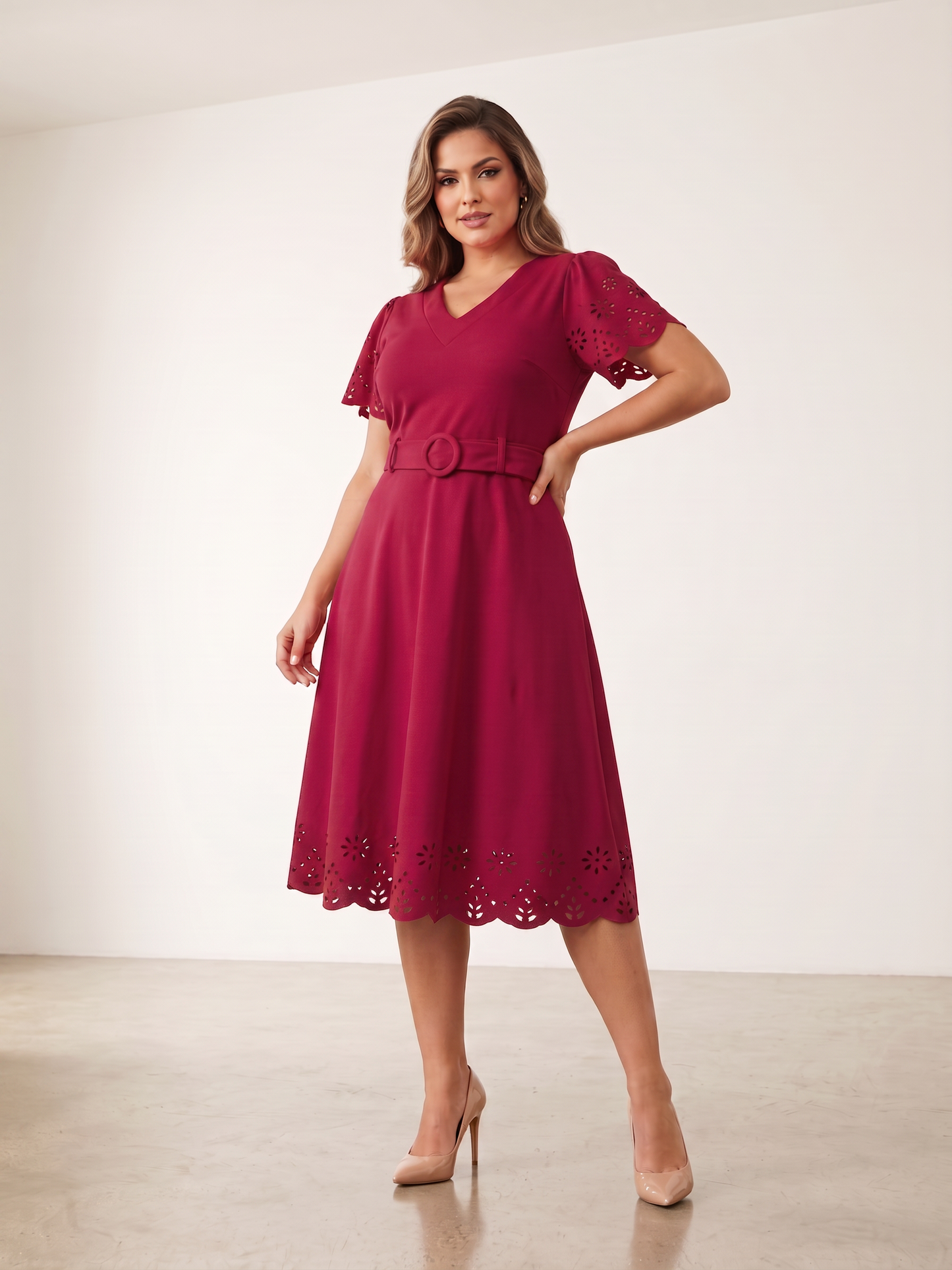 Laser-Cut Eyelet Belted Midi Dress