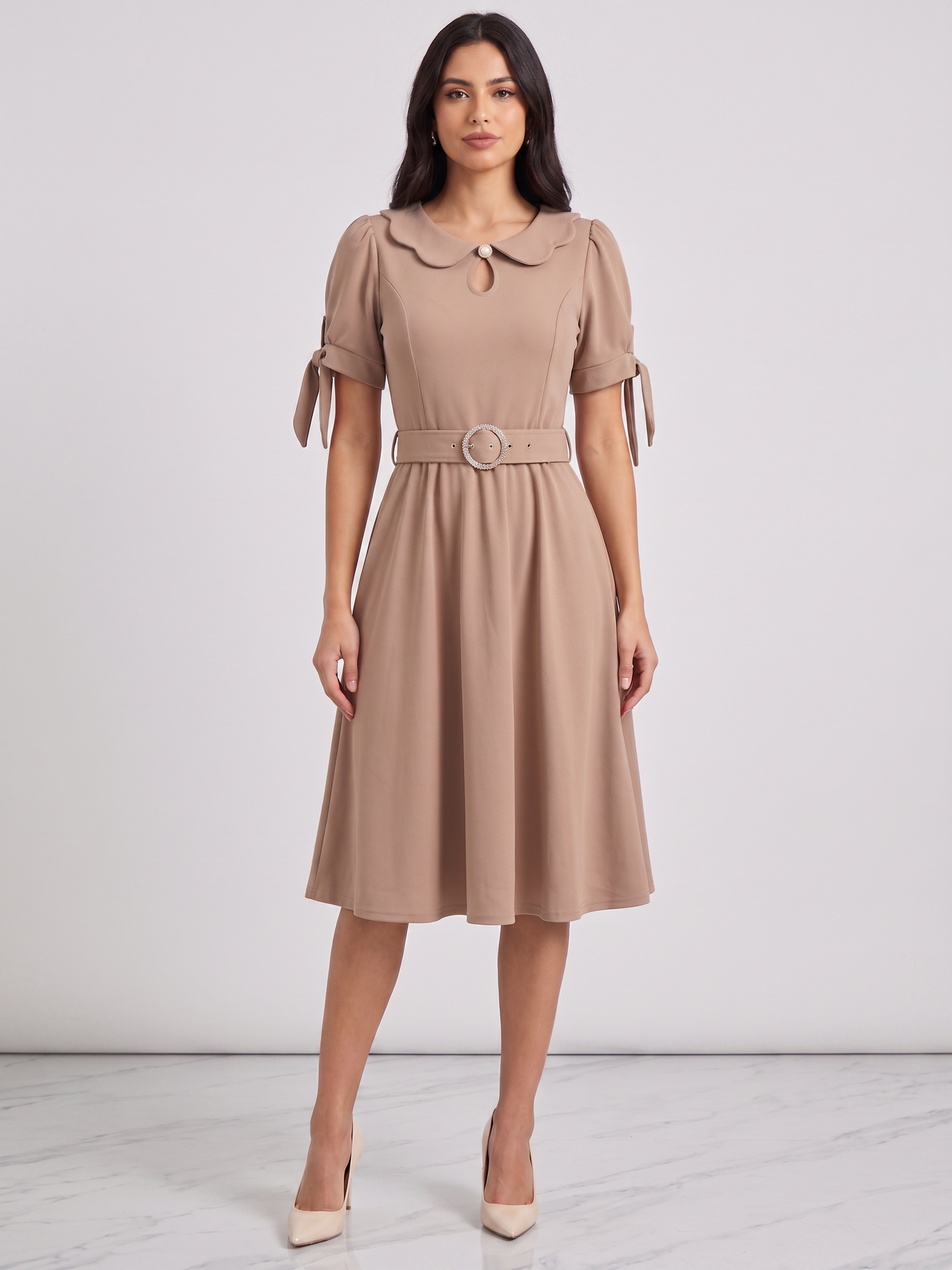 Peter Pan Collar Belted Midi Dress with Tie Sleeves