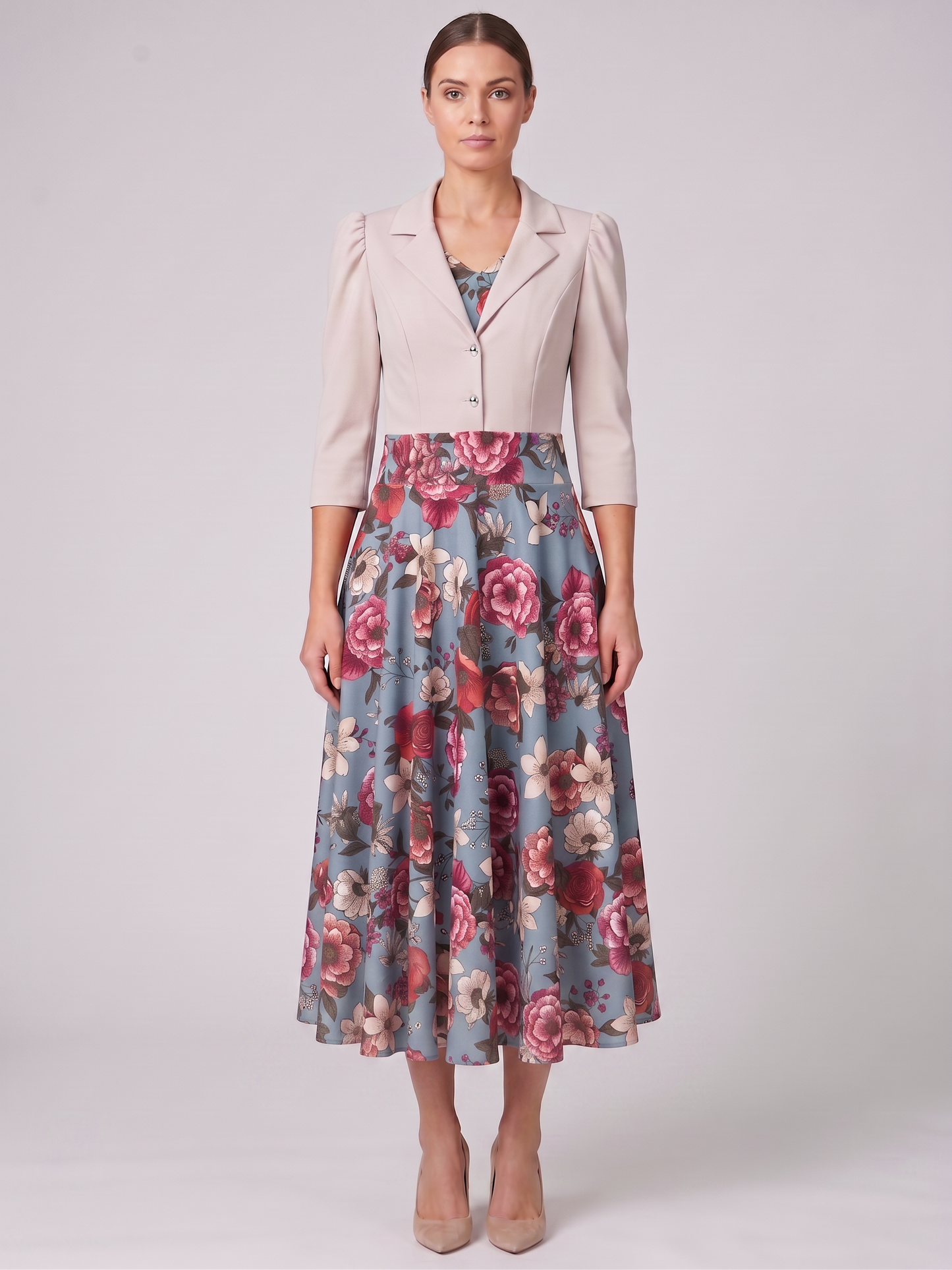 Floral Dress with Tailored Cropped Blazer Jacket