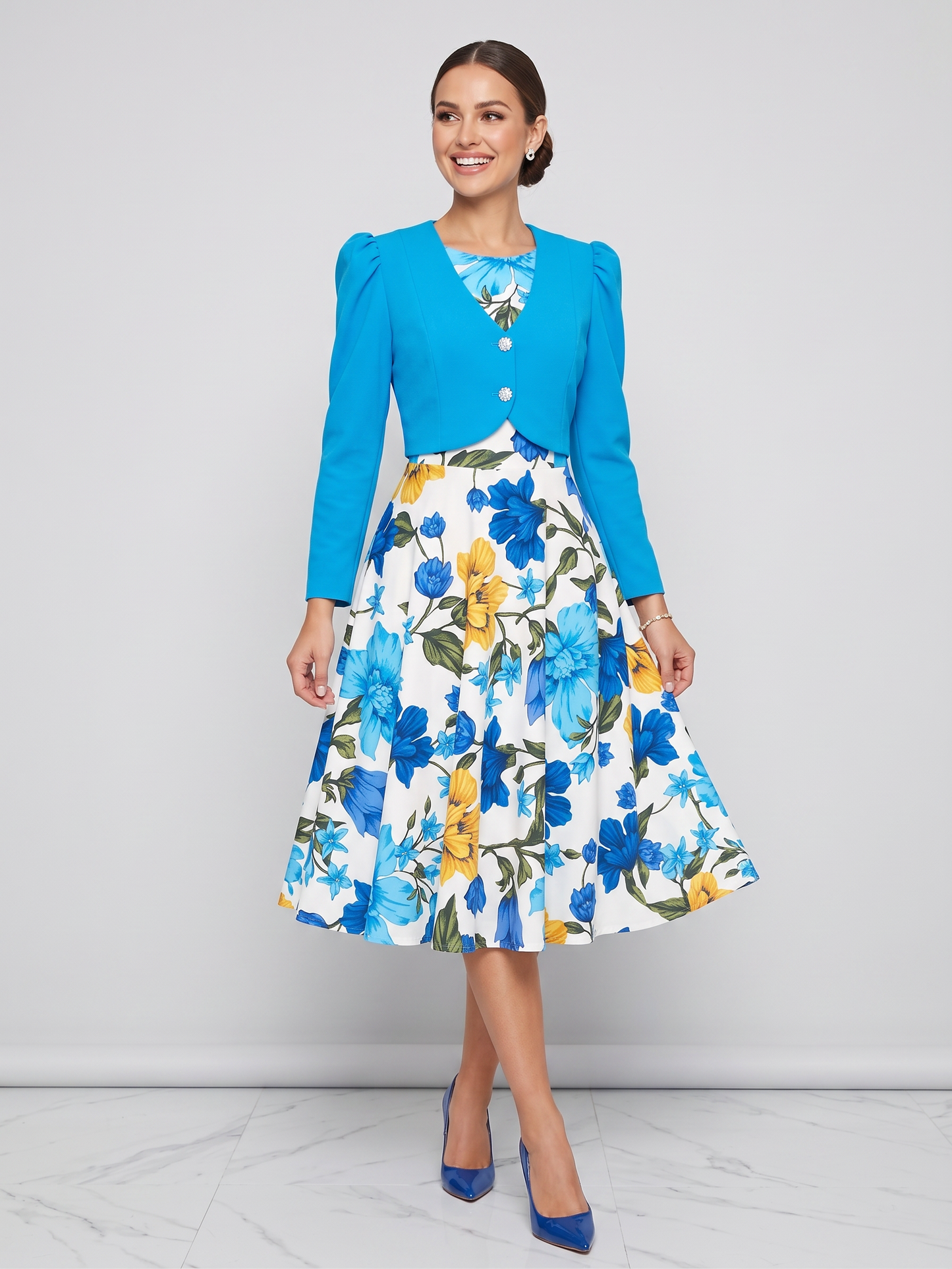 Vintage-Inspired Floral Midi Dress with Bolero Overlay