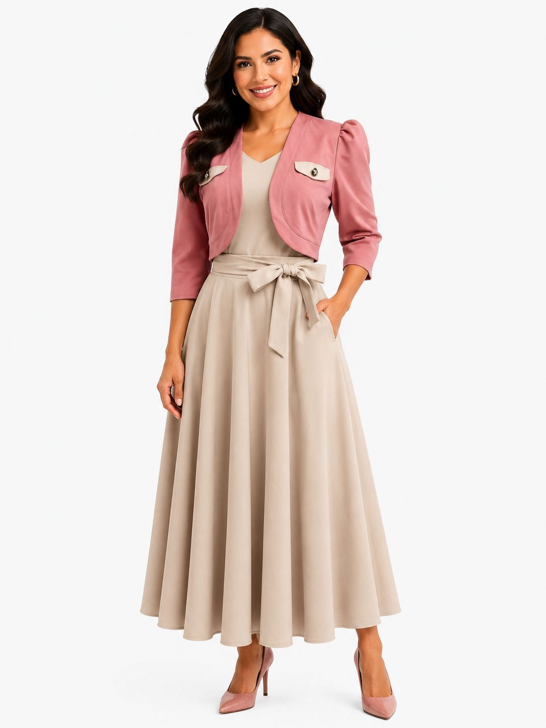 Vestido Maxi Elegante con Torera Corta y Lazo a la Cintura