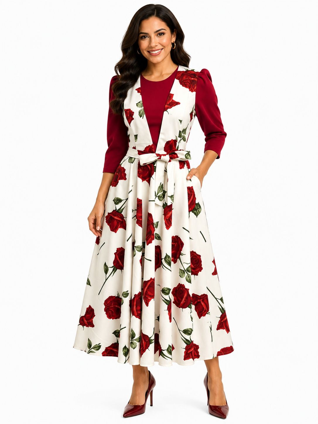 Vestido Midi con Estampado Floreado y Cinturón