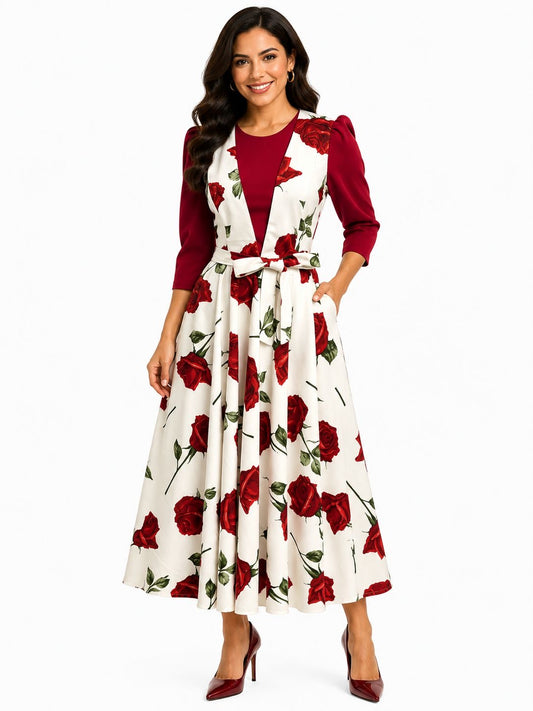 Vestido Midi con Estampado Floreado y Cinturón