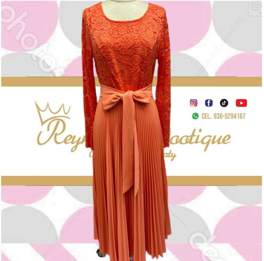 orange lace pleated dress