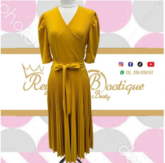 Mustard yellow full pleated disco overlap dress