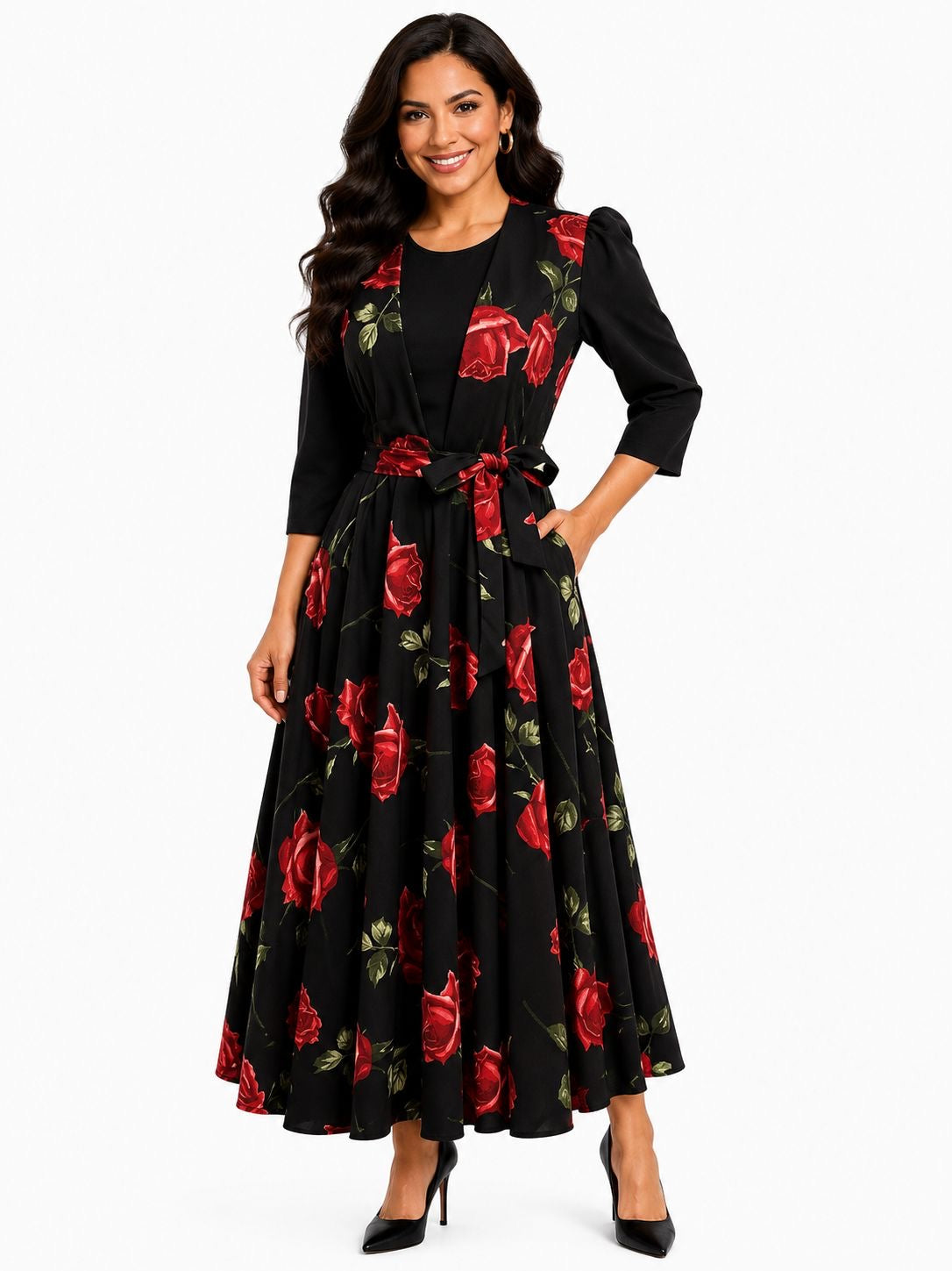 Vestido Midi con Estampado Floreado y Cinturón
