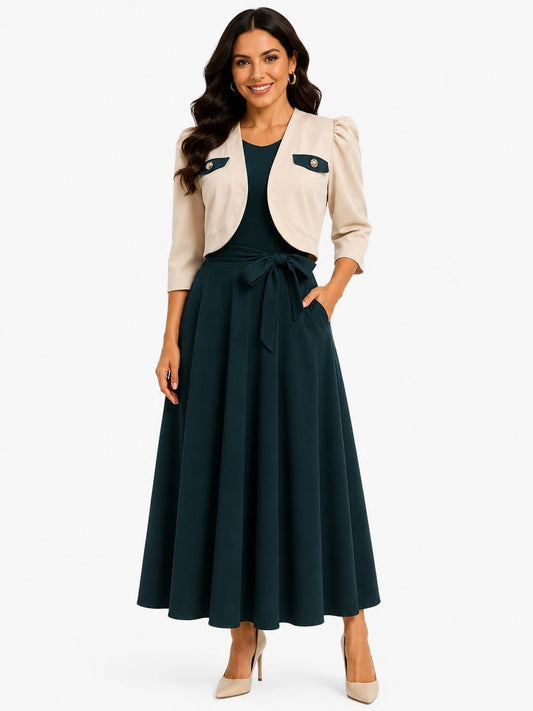 Vestido Maxi Elegante con Torera Corta y Lazo a la Cintura