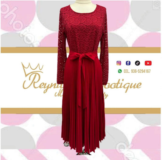 Wine-colored pleated lace dress