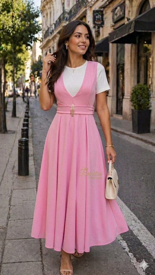 Elegant Pinafore-Style Overall with Decorative Belt and Pleated Skirt