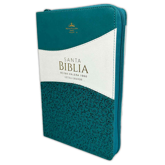 Biblia con Cierre Letra Grande 12 puntos para Mujer RV1960 imit piel turquesa y blanco con índice