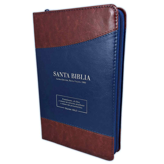 Large Print 12 Point Zipper Bible RV1960 Imitation Brown and Blue with Index - Examine Me, O God