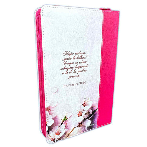 Biblia con Cierre Letra Grande 12 puntos RV1960 imit. floral y fucsia con índice - Mujer Virtuosa