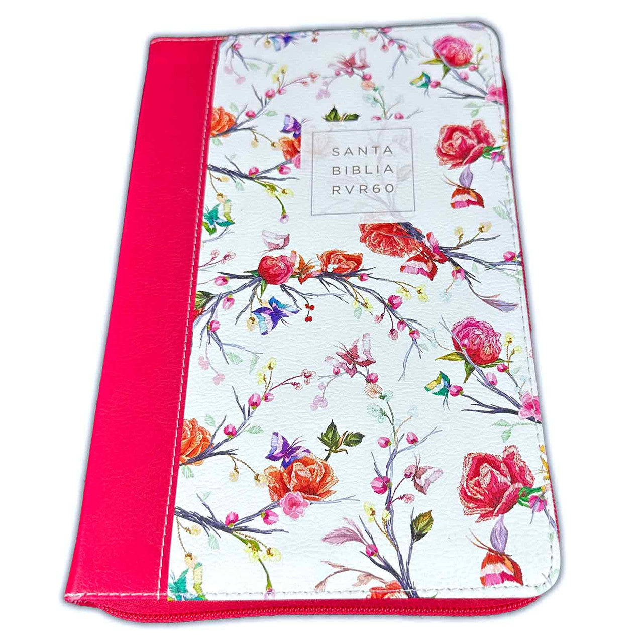 Biblia con Cierre Letra Grande 12 puntos RV1960 imit. piel floral/mariposas fucsia con índice