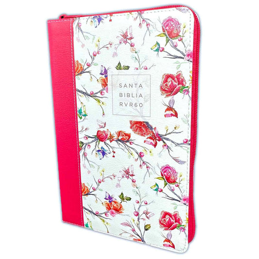 Biblia con Cierre Letra Grande 12 puntos RV1960 imit. piel floral/mariposas fucsia con índice