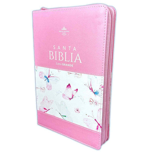 Bible with Large Print Closure 12 points RV1960 imitation. pink skin and butterflies with index