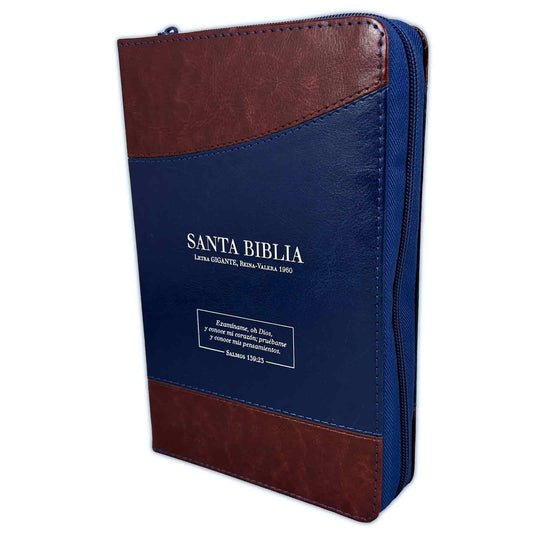 Biblia con Cierre Letra Gigante Manual 14 puntos RV1960 imit duotono azul y café con índice