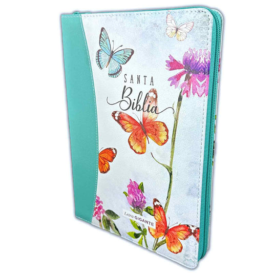 Biblia con Cierre Letra Gigante 15 puntos RV1960 imit duotono turquesa floral y mariposas con índice