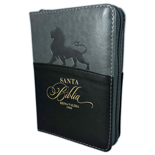 Pocket Bible with RV1960 zipper, imitation gray and black with index - The lion of the tribe of Judah