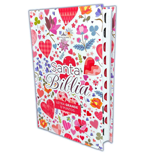 Biblia Letra Grande 12 puntos para Mujer RV1960 flexible rosa y corazones con índice