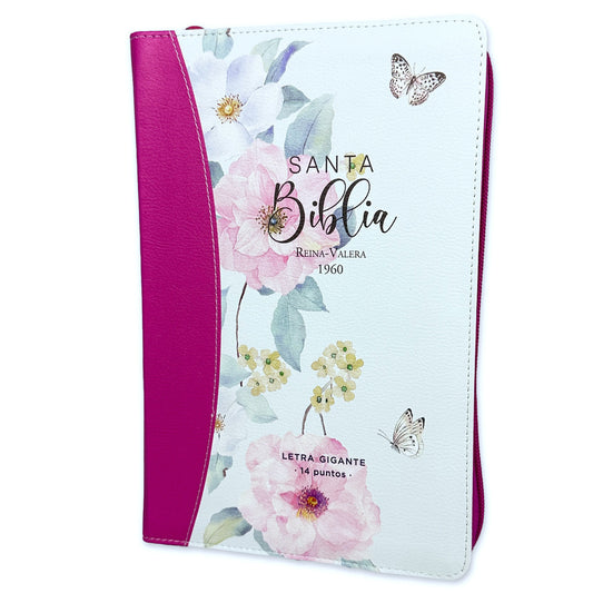 Biblia con Cierre Letra Gigante Manual 14 puntos RV1960 imit piel floral mariposas fucsia y blanco floral con índice