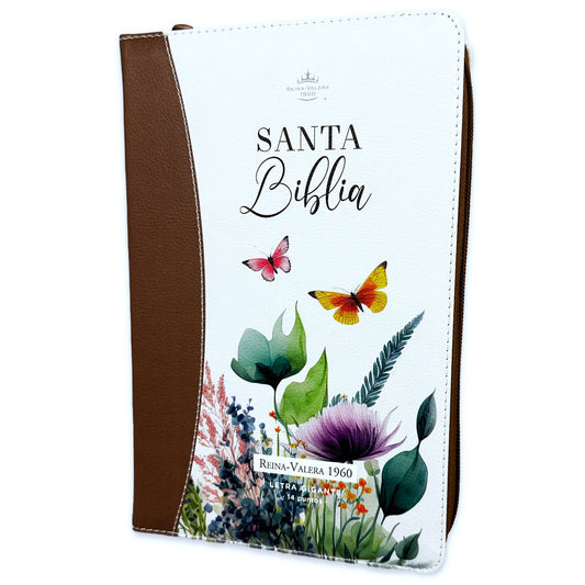 Biblia con Cierre Letra Gigante Manual 14 puntos RV1960 imit piel floral mariposa café con índice y canto floral