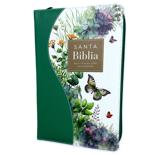 Biblia con Cierre Letra Gigante Manual 14 puntos RV1960 imit piel floral mariposa verde con índice y canto floral