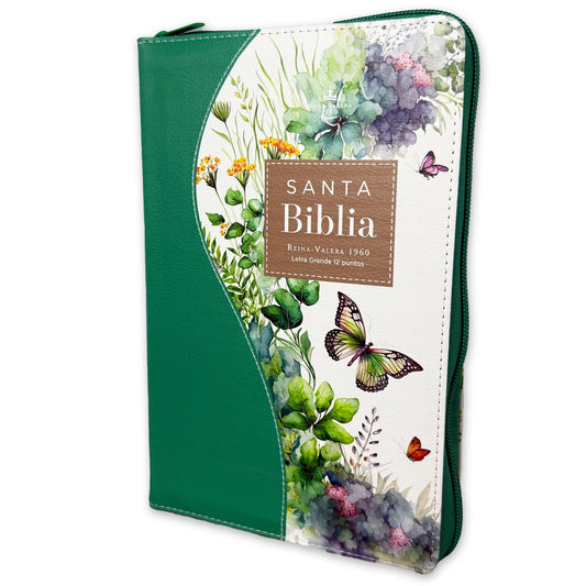 Biblia con Cierre Letra Grande 12 puntos RV1960 imit. piel floral mariposa verde con índice y canto floral