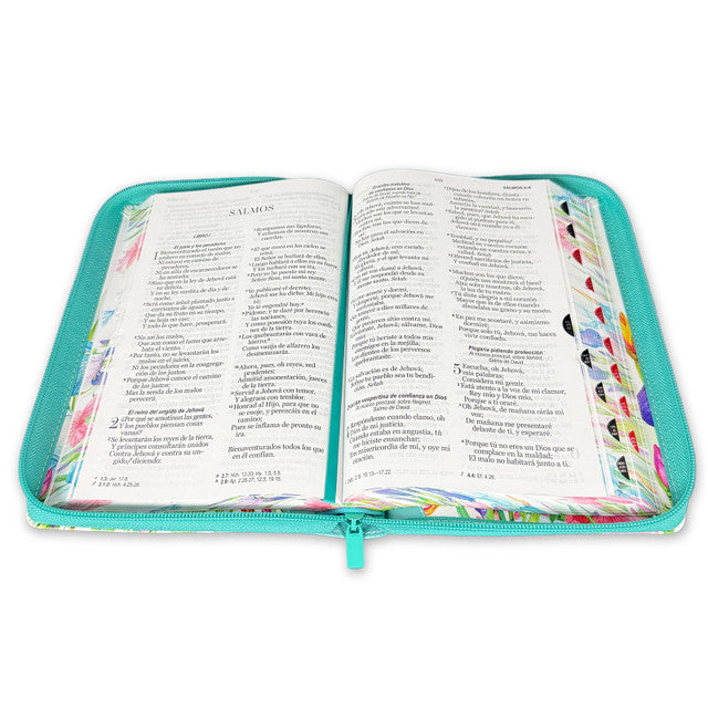 Biblia con Cierre Letra Grande 12 puntos RV1960 imit. piel floral turquesa con índice y canto floral