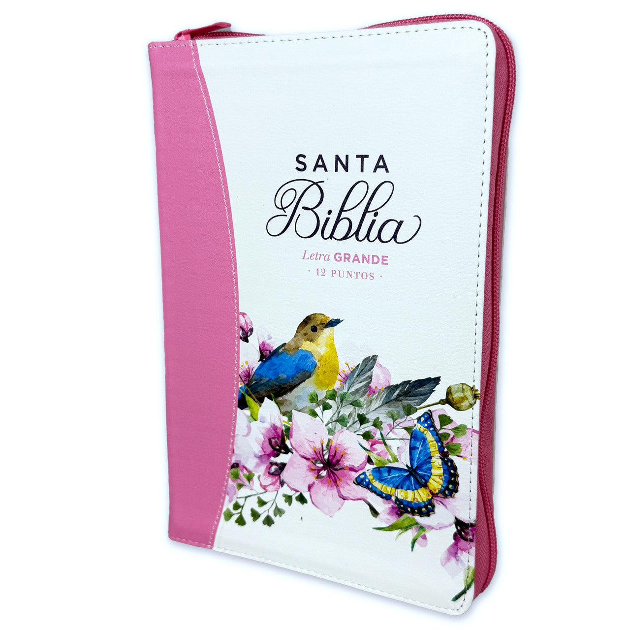 Biblia con Cierre Letra Grande 12 puntos RV1960 imit. piel rosa pajaro floral con canto pintado primaveral rosado