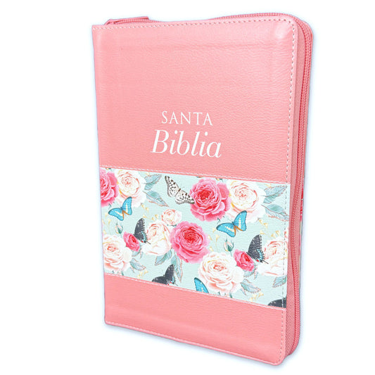 Biblia con Cierre Letra Grande 12 puntos para Mujer RV1960 imit. piel salmon floral con índice y canto mariposa