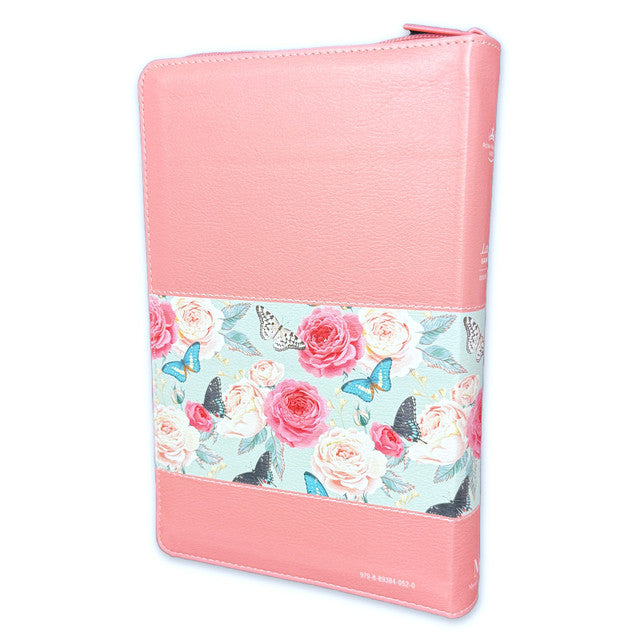 Large Print 12pt Zipper Bible for Women RV1960 imitation salmon floral leather with butterfly index and edge