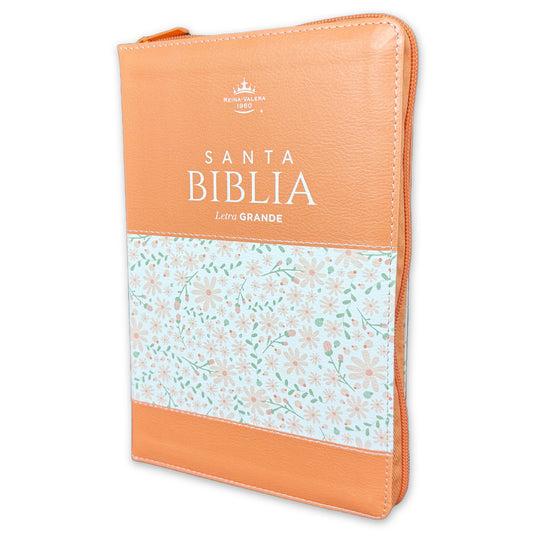 Biblia con Cierre Letra Grande 12 puntos para Mujer RV1960 imit. piel coral flores con índice y canto flora