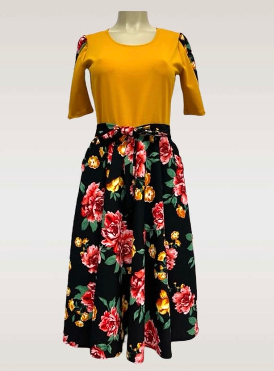 Yellow and black floral princess dress with ribbon