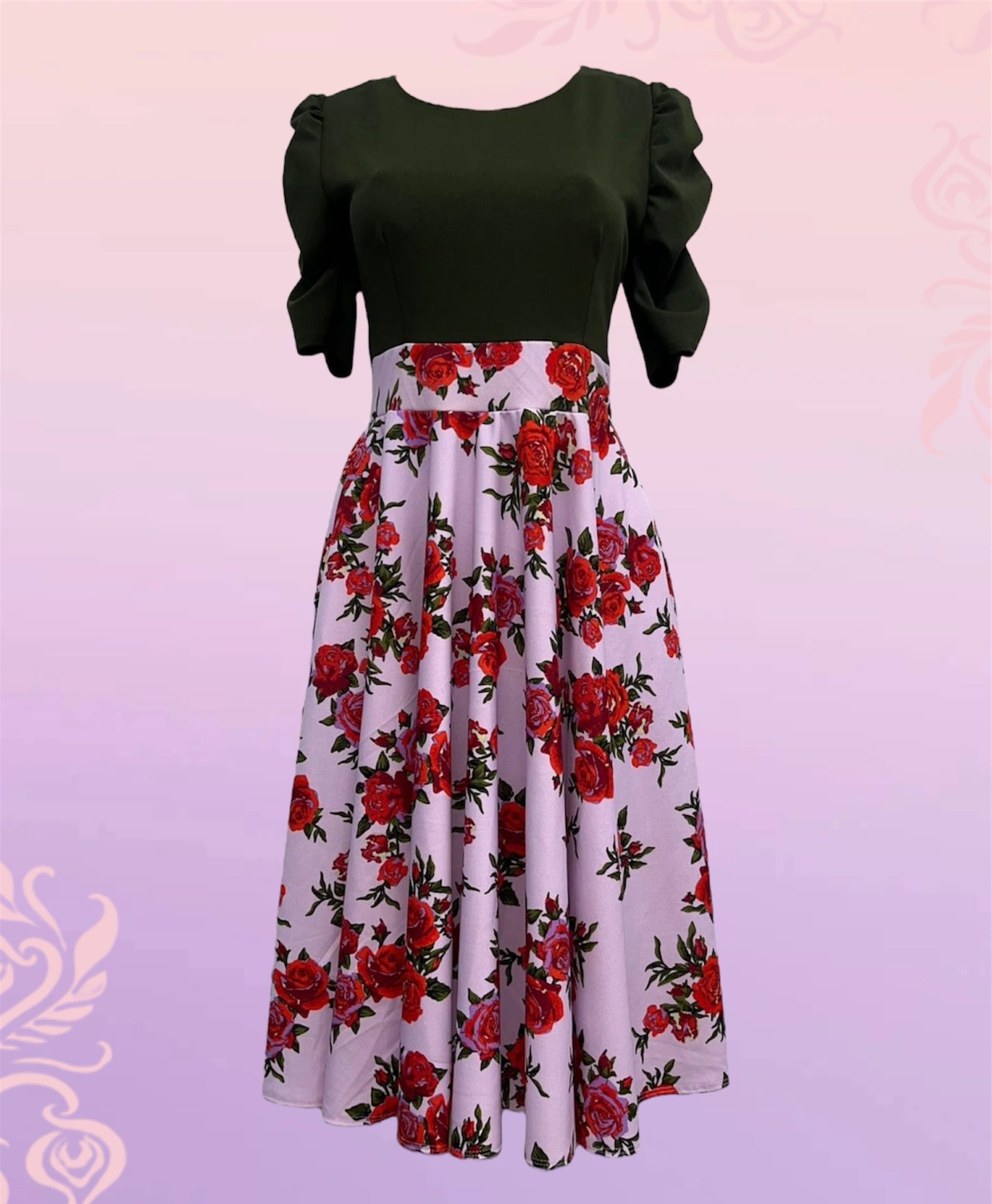 Military green floral short princess sleeve dress