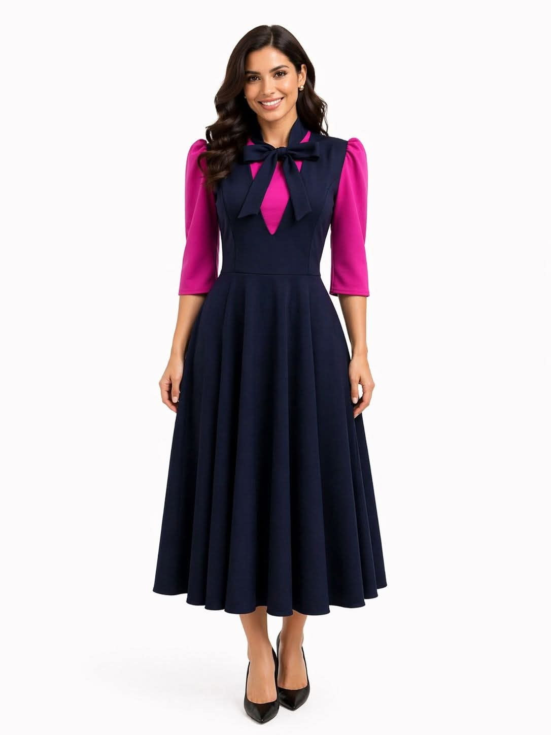 Vestido Midi Elegante con Lazo al Cuello