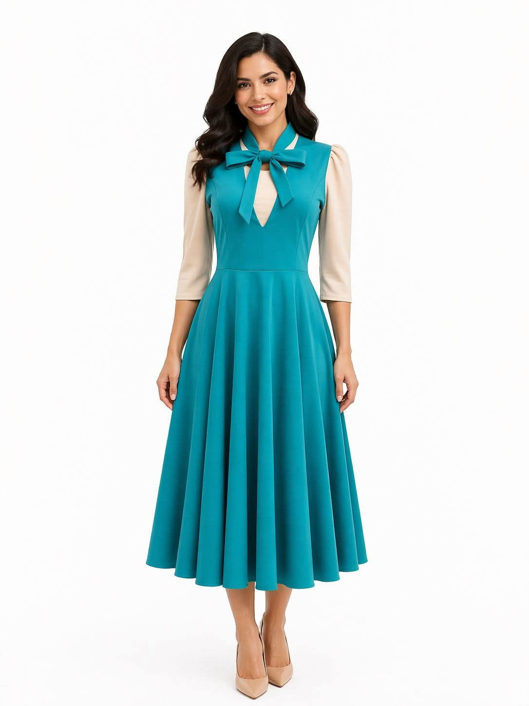 Vestido Midi Elegante con Lazo al Cuello