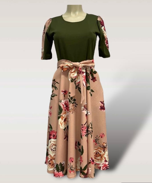 Military green floral princess dress with ribbon