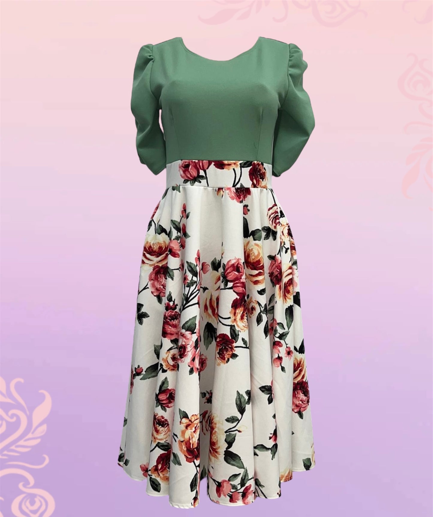 Light green floral short princess sleeve dress