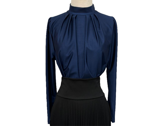 High neck blouse with long sleeves, Casino navy blue fabric