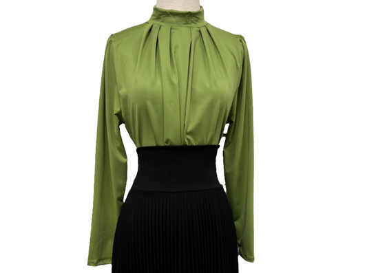 High neck blouse with long sleeves, Casino matcha fabric