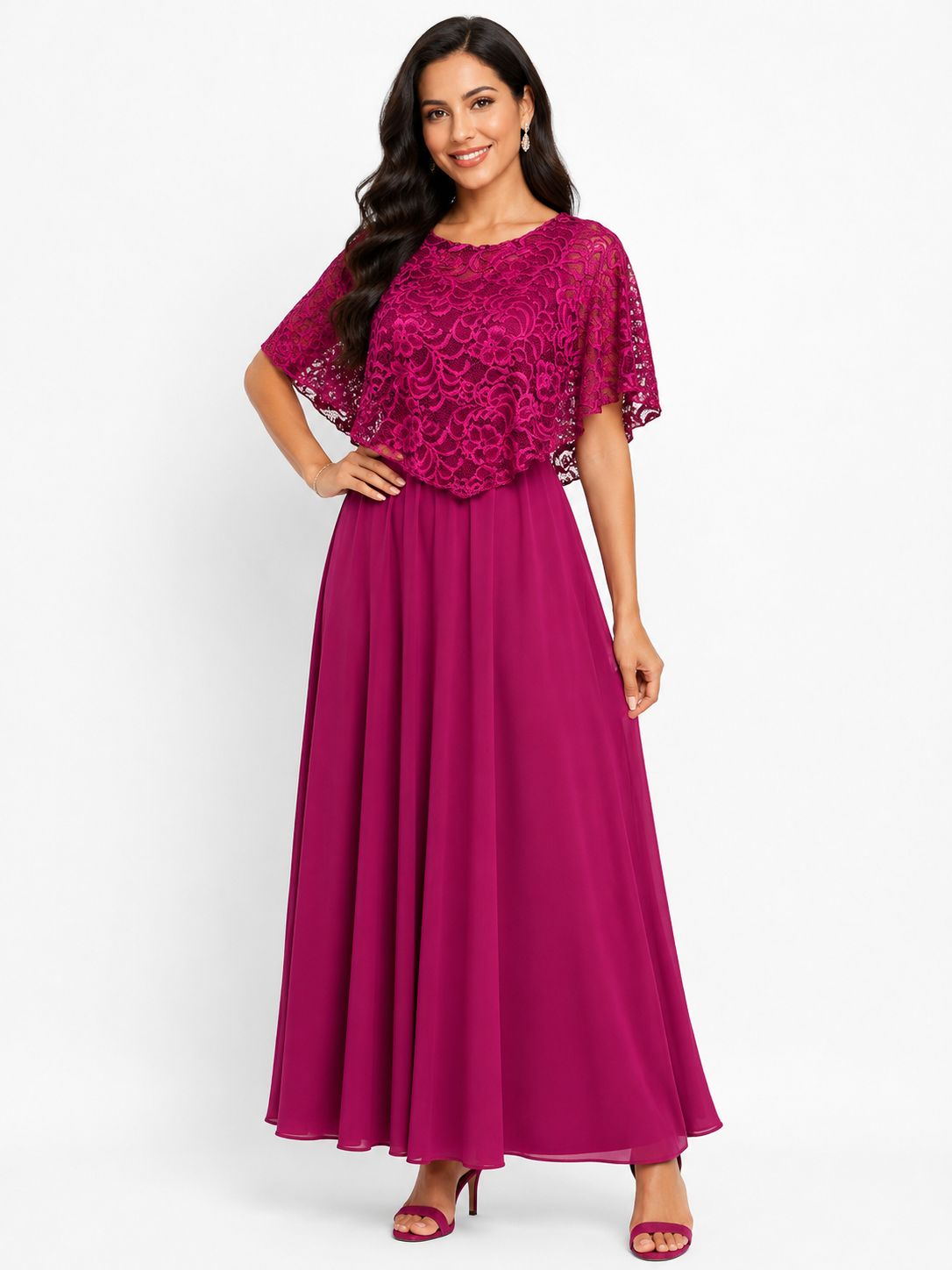Vestido de Gala Largo en Chifón con Capa de Encaje