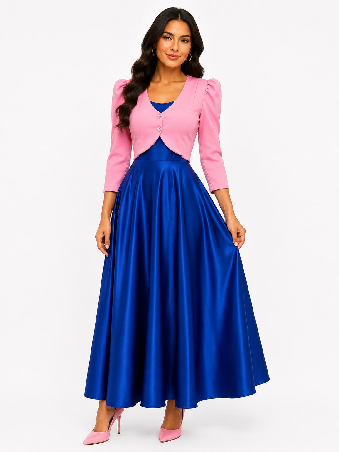Vestido Maxi Elegante de Dos Tonos con Torera Integrada