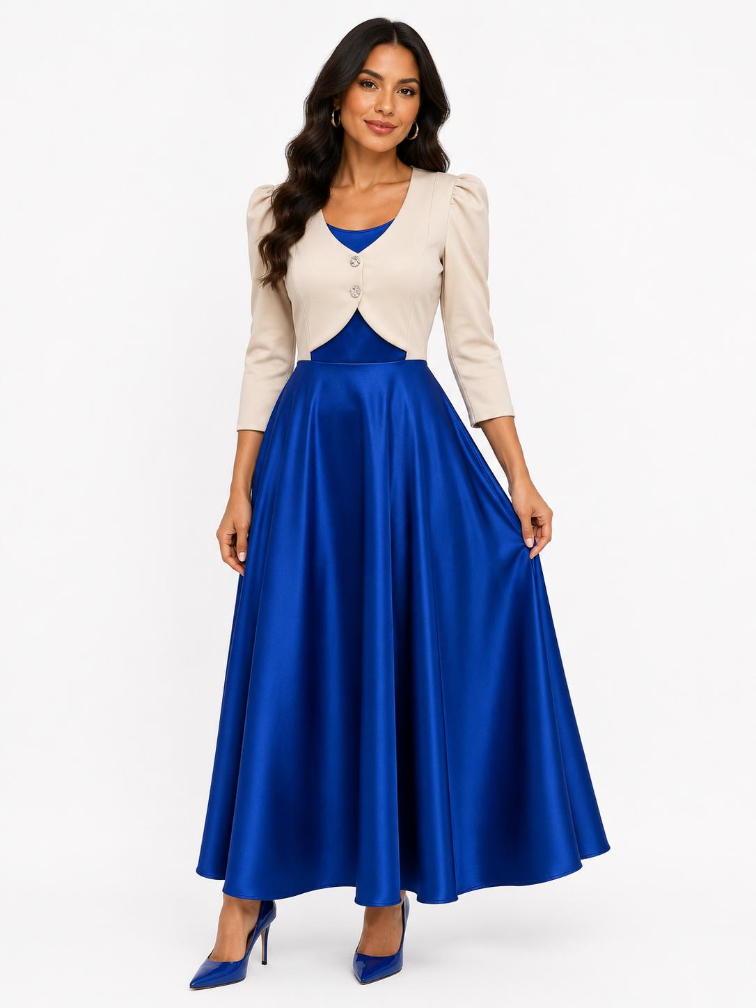 Vestido Maxi Elegante de Dos Tonos con Torera Integrada