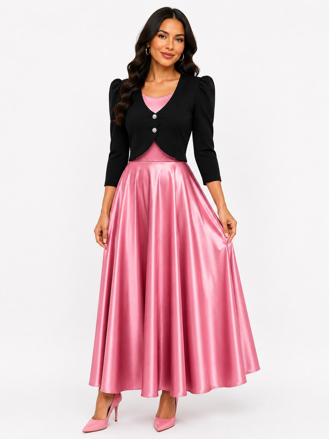 Vestido Maxi Elegante de Dos Tonos con Torera Integrada