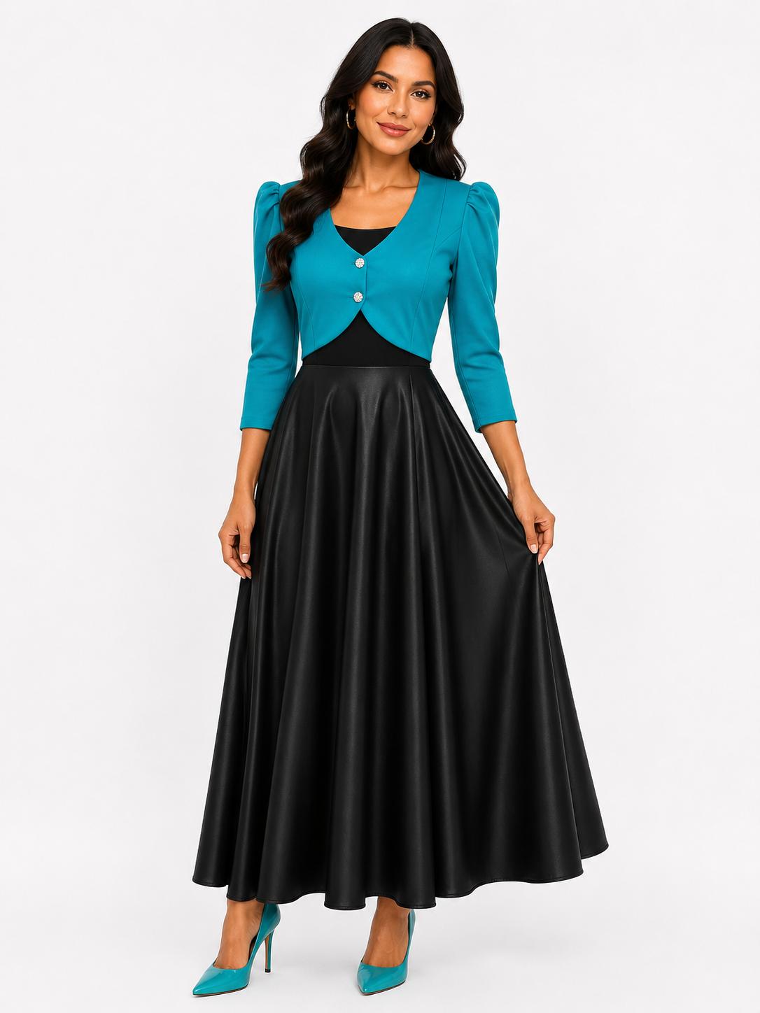 Vestido Maxi Elegante de Dos Tonos con Torera Integrada